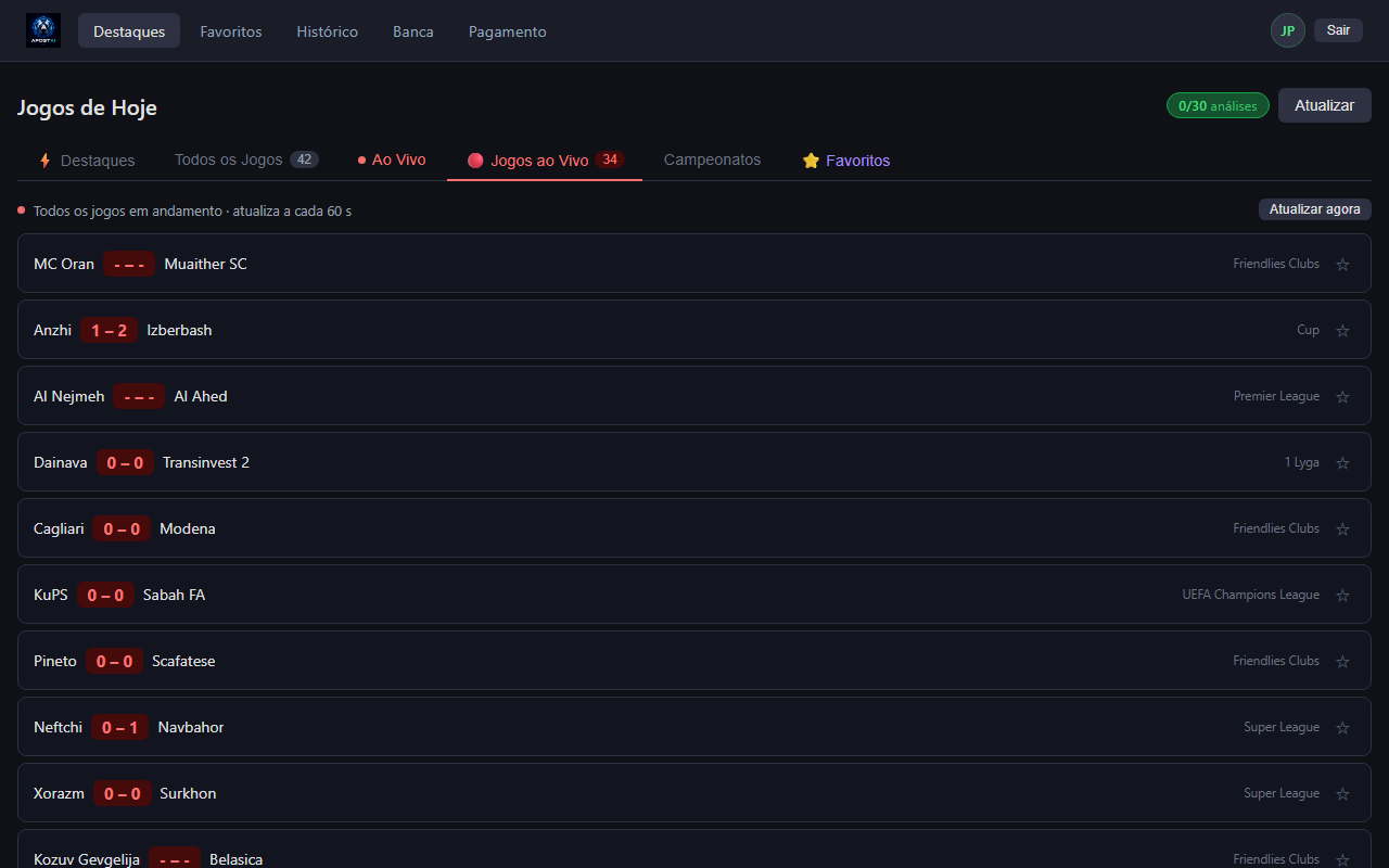 Jogos ao vivo monitorados em tempo real na plataforma QuantScore